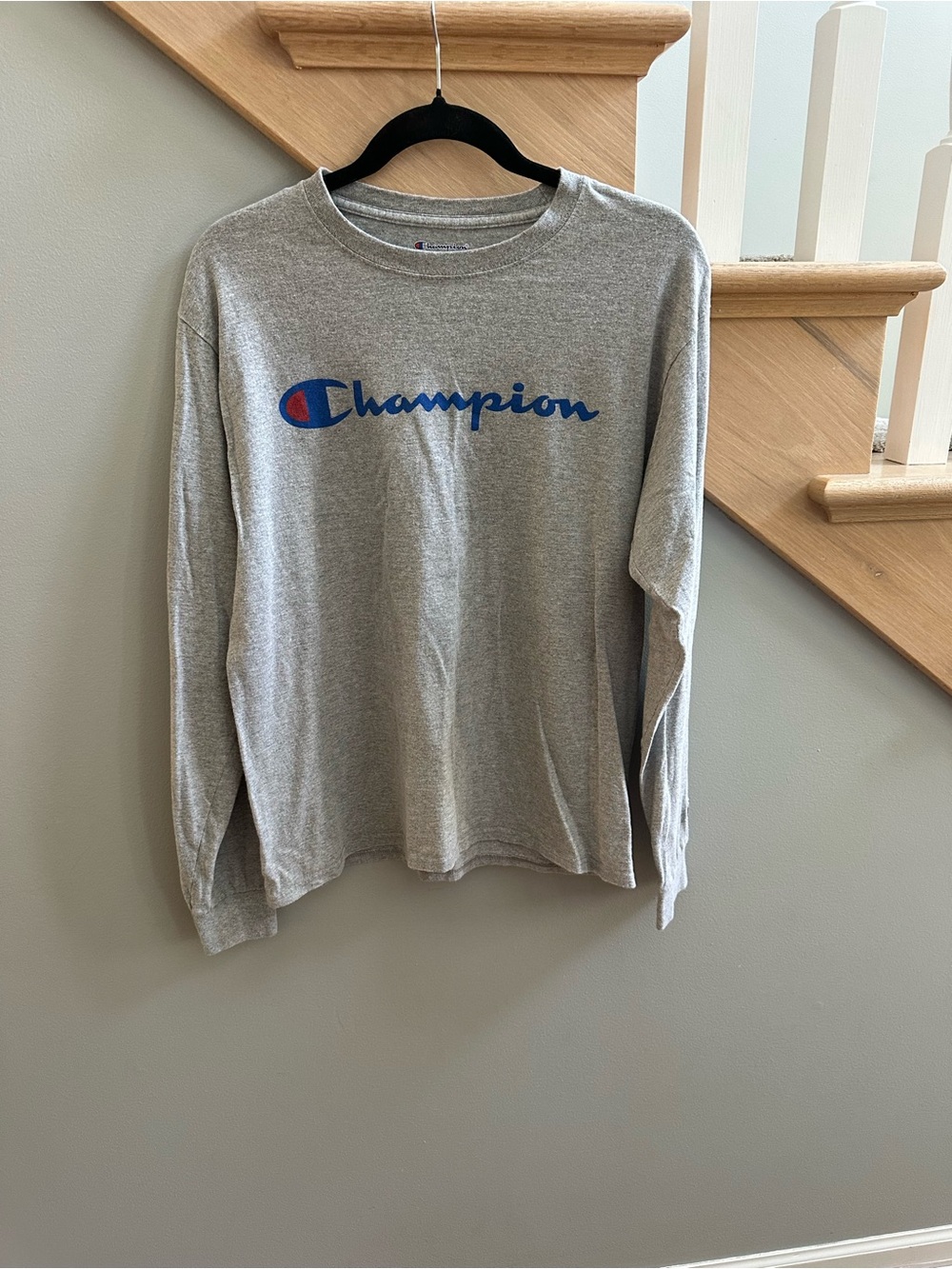 Champion Gray Long Sleeve Logo Shirt with Blue and Red Accents